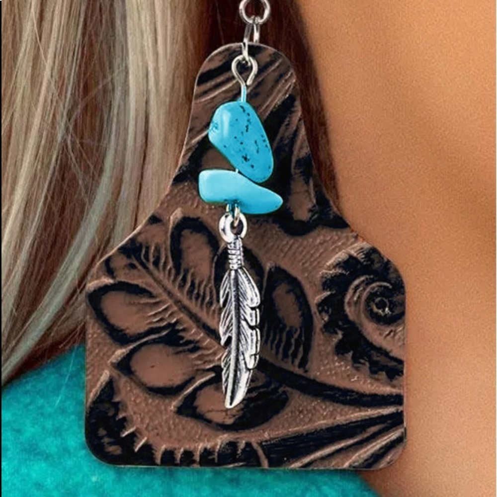 Leather Earrings Tooled Ear Tag Turquoise Stones